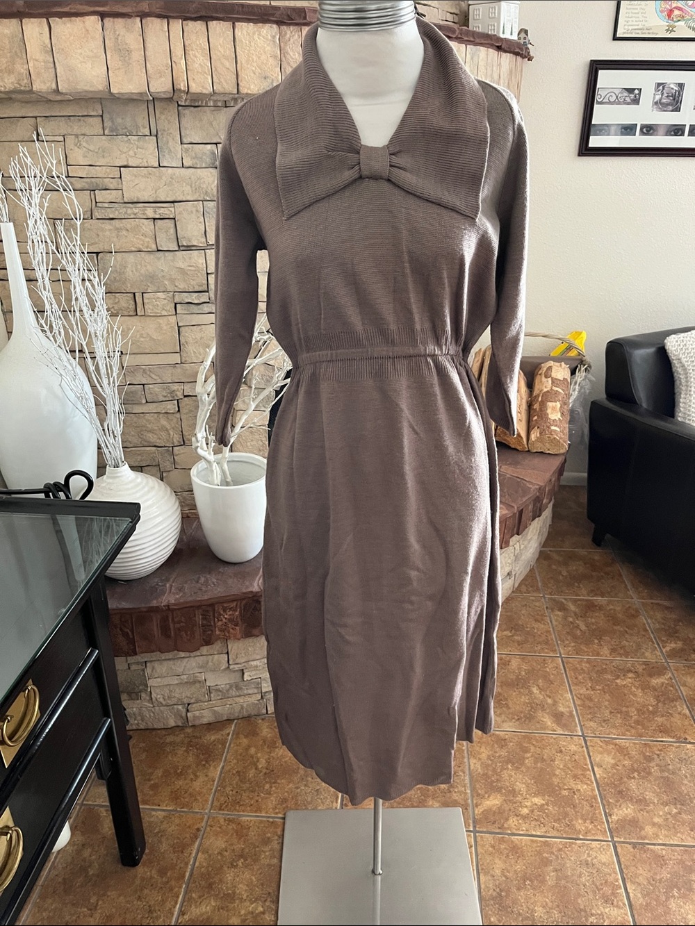 Vintage Taupe Bow-Collar Wool Knit Dress Minnesota Woolen